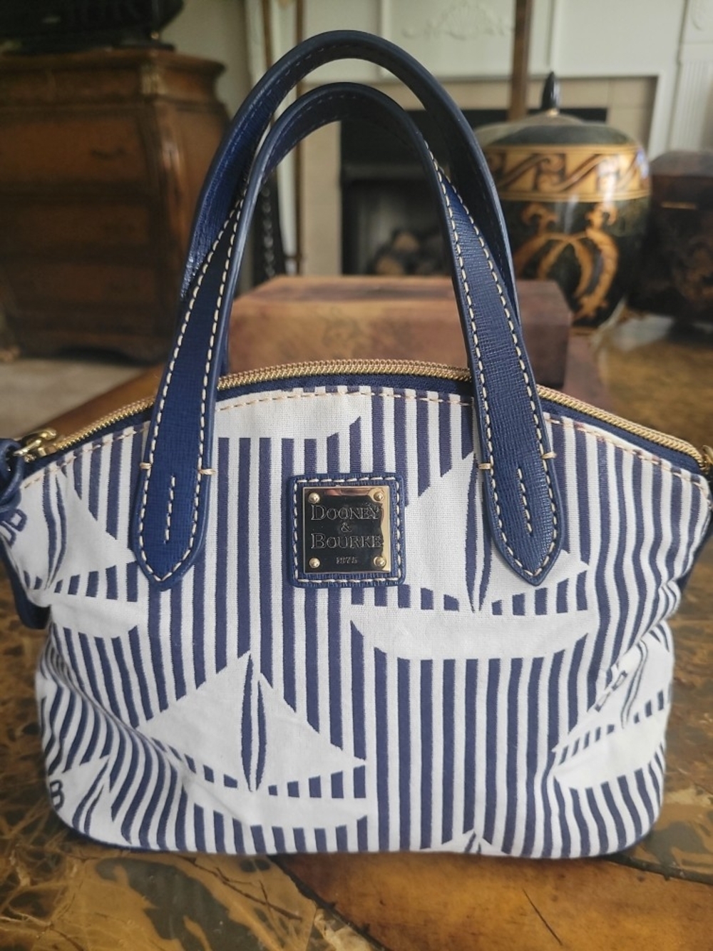 Dooney & Bourke Navy and White Striped Satchel
